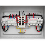 Internal front view of HONI 2-in 2-out PV DC combiner box with organized DC protection layout